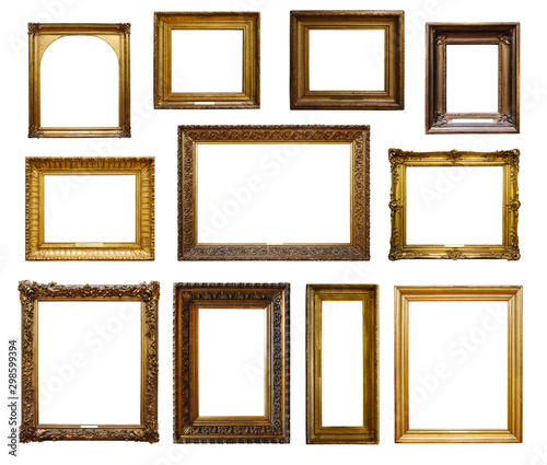 Set of three vintage golden baroque wooden frames on isolated background