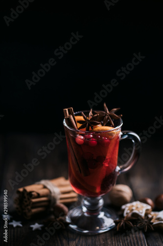 Christmas magic atmosphere, holiday weekend drink, home celebration. Winter still life with hot mulled wine and spices, copy space