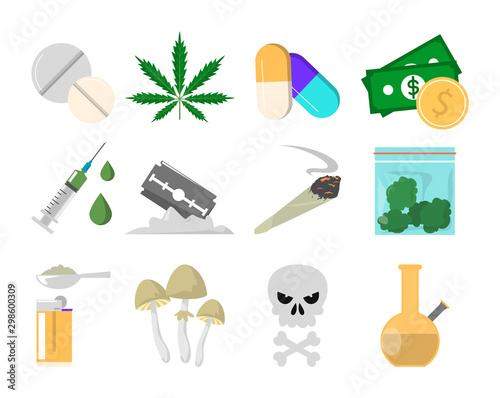 Narcotic drugs collection vector isolated. Cannabis, cigarette