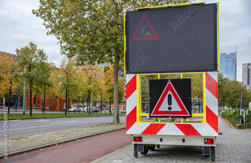 Roadworks warning sign in the city center