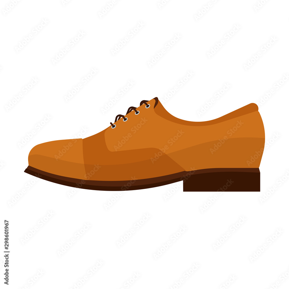 Shoe man side view brown vector flat icon. Fashion boot footwear leather accessory clothing. Classic business cartoon sign Shoe man side view brown vector flat icon. Fashion boot footwear leather accessory clothing. Classic business cartoon sign