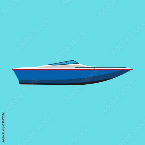 Speedboat side view vector flat icon. Motor cruise marine isolated ship yacht. Blue travel sport vessel journey summer