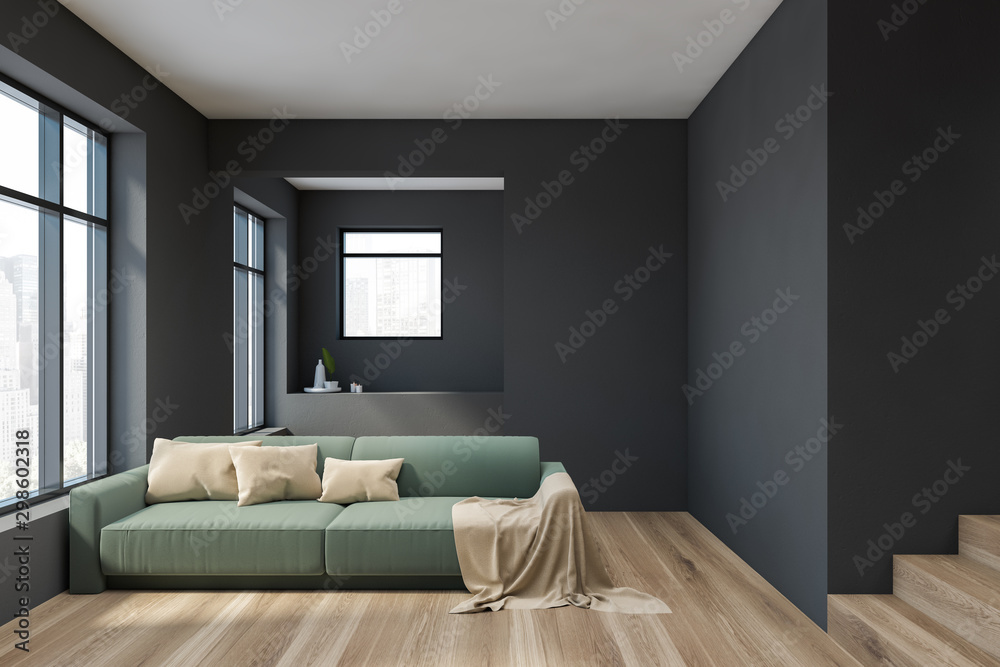 Fototapeta premium Gray living room interior with green sofa