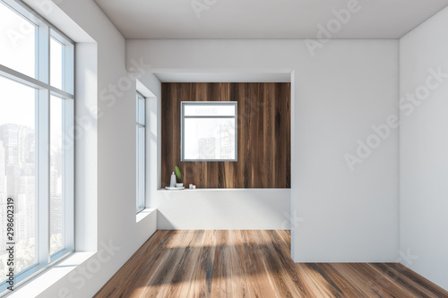 White and wooden empty living room interior