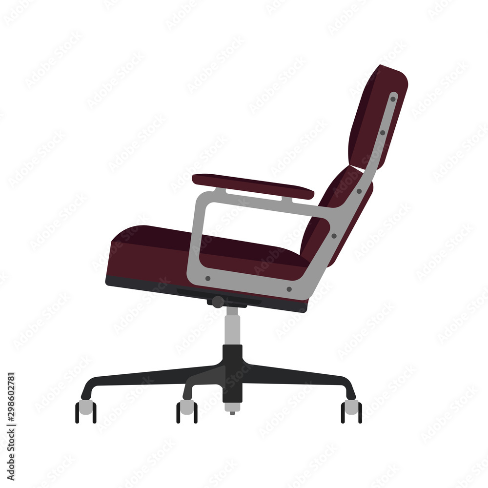Office chair side view vector icon fruniture. Seat business interior element work job. Black flat ergonomic equipment Office chair side view vector icon fruniture. Seat business interior element work job. Black flat ergonomic equipment