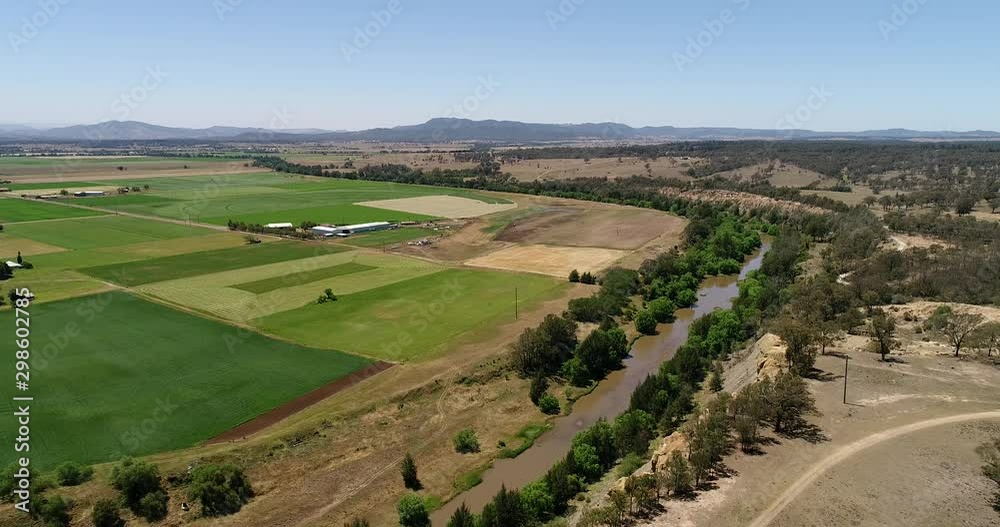 Winding Hunter River in arid climate of Hunter valley during drought around green remote agriculture farm cultivating land. Winding Hunter River in arid climate of Hunter valley during drought around green remote agriculture farm cultivating land.