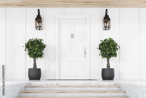 White front door of white house with trees, stairs Fototapet
