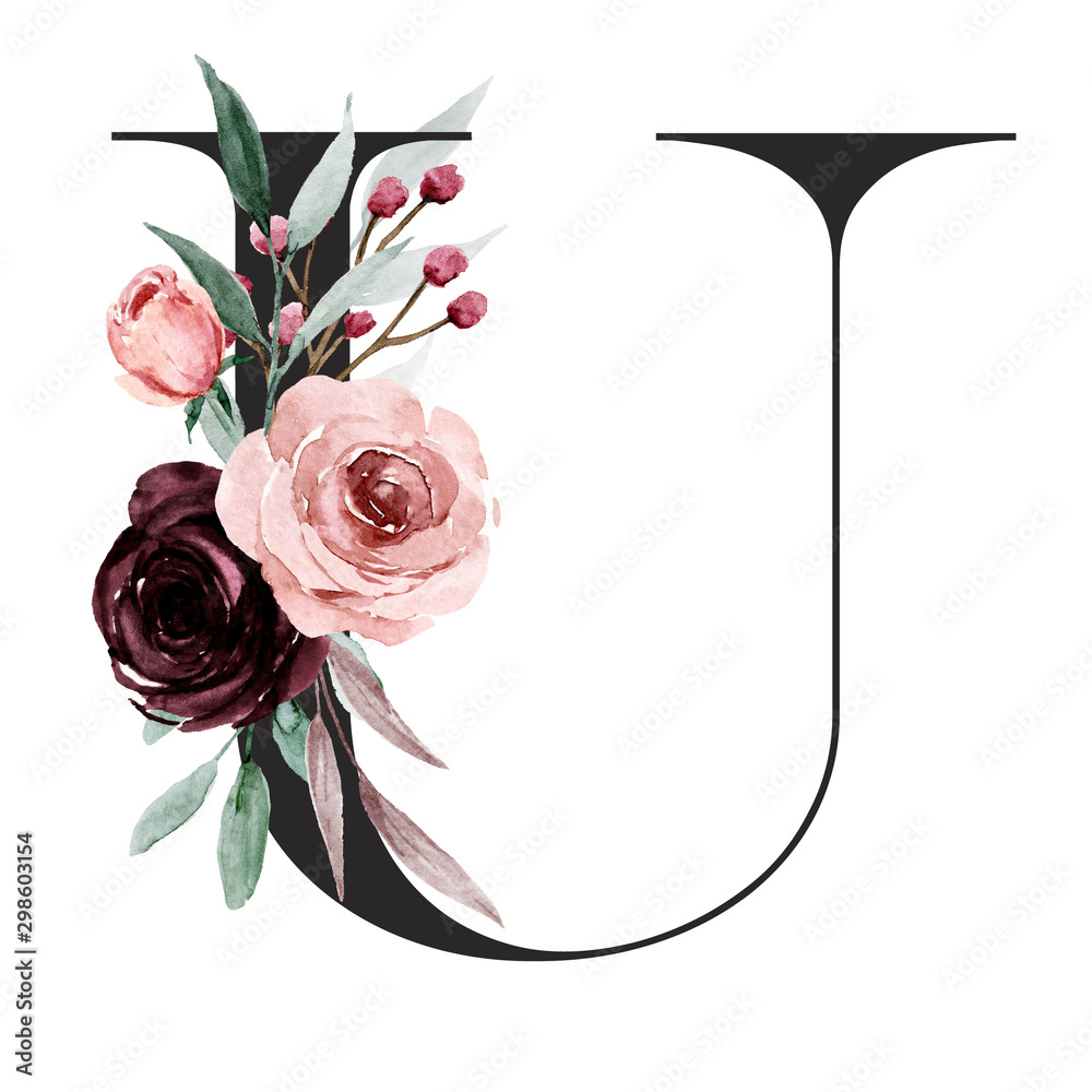 Alphabet, letter U with watercolor flowers and leaf. Floral monogram ...