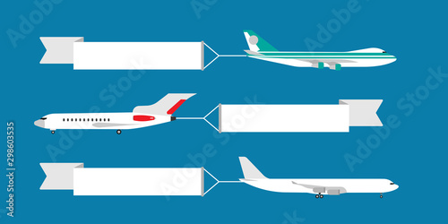 Air plane flying with ribbon banner vector illustration. Advertisement card template travel. Cartoon adventure vacation airline side view