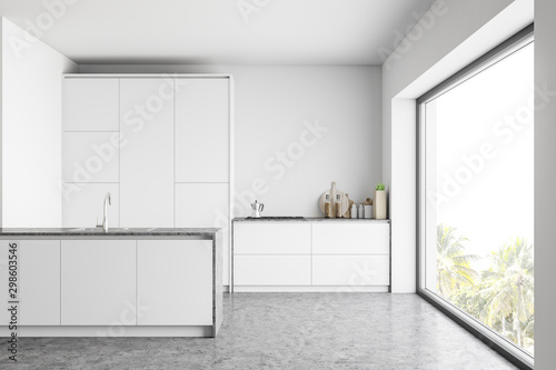 Modern white kitchen interior with bar