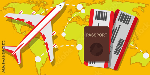 Banner travel airplane vector illustration business. Vacation plane holiday journey. Summer trip around world global with passport   ticket
