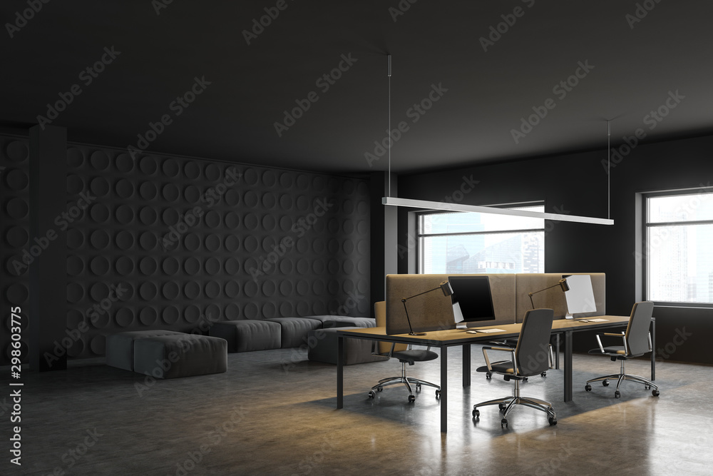 Dark gray open space office corner with lounge