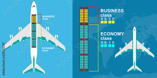 Seat map airplane class illustration vector. Airline tour trip passenger charter chair. Information ride international transit plane