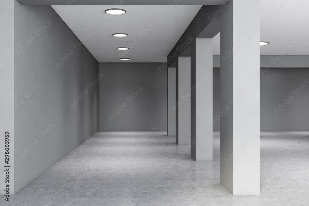 Gray empty office hall with columns Gray empty office hall with columns