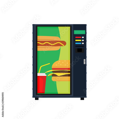 Sandwich vending machine beverage vector. Food automatic snack bar chip. Sale fast consumer product  service. Goods display burger
