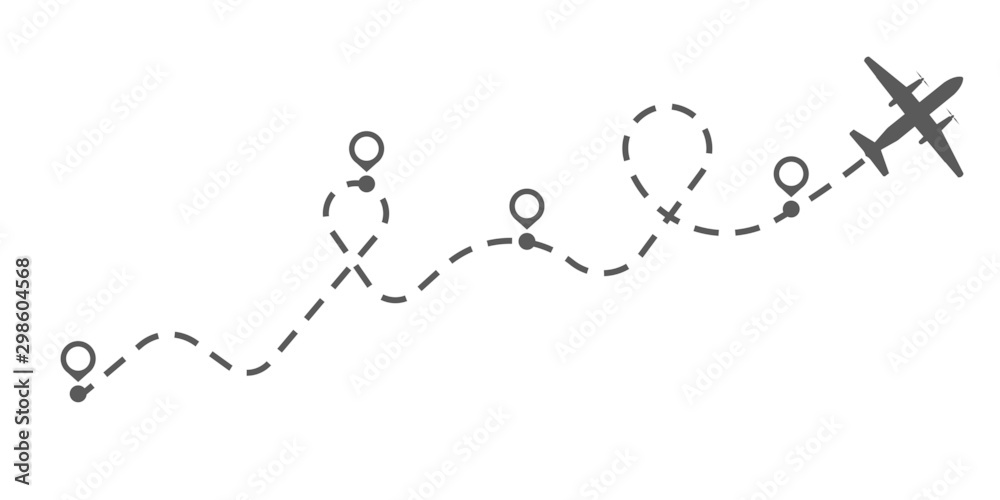 Airplane dotted route line trip vector illustration. Flight transport plane black path trace traffic way. Dash silhouette point start travel Airplane dotted route line trip vector illustration. Flight transport plane black path trace traffic way. Dash silhouette point start travel