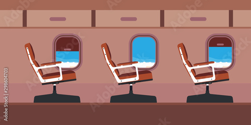 Plane cabin passenger seat illustration vector. Blue travel aircraft cartoon interior jet with window. Flat chair inside economy class salon aisle. Airplane journey tour.