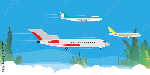 Plane fly in cloud sky illustration banner concept. Travel tourism jet direction holiday flat. Cartoon commercial passenger vehicle