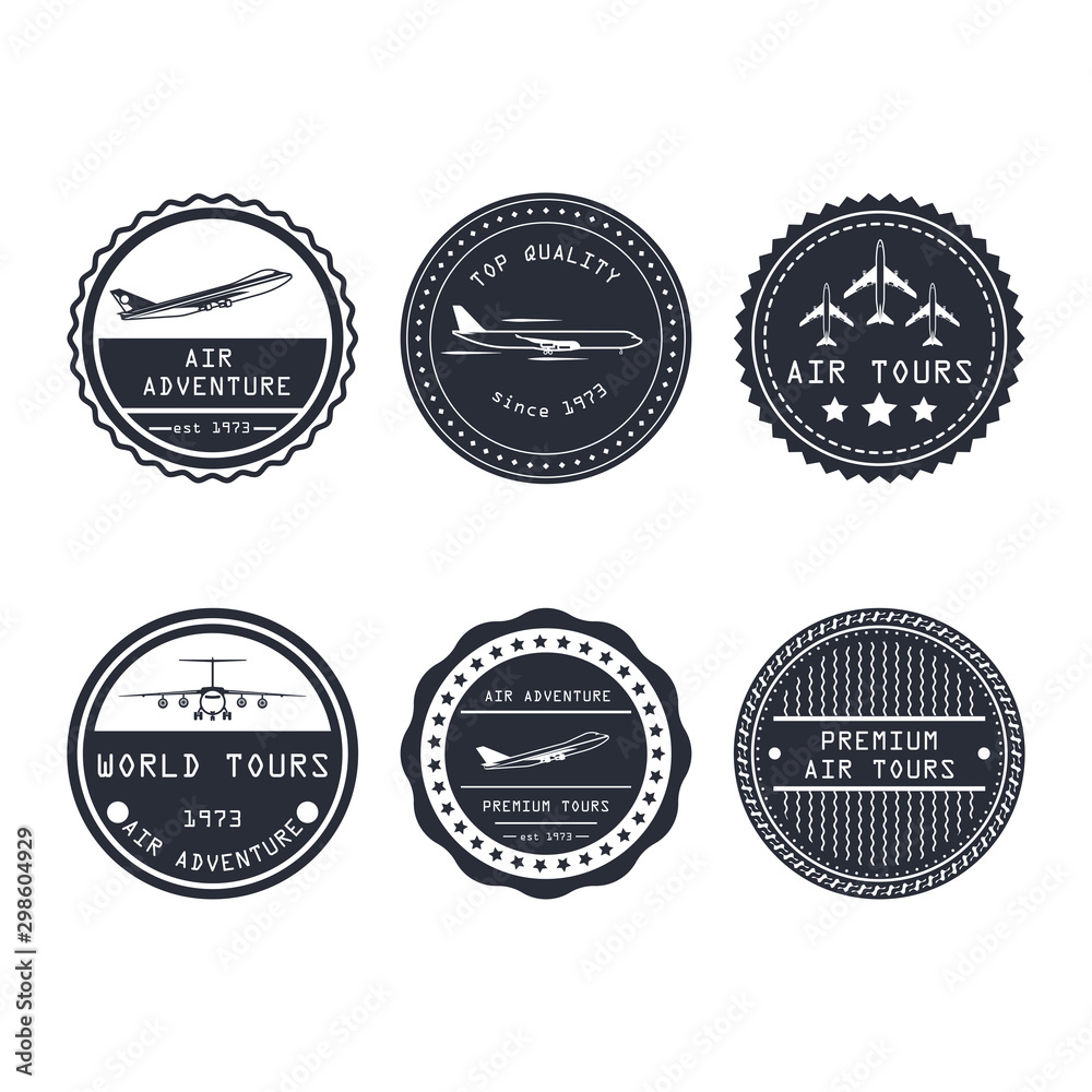 Air tour vector badge aircraft travel business design. Tourism journey symbol trip label. Vacation emblem aviation airline adventure sticker. Set simple logo