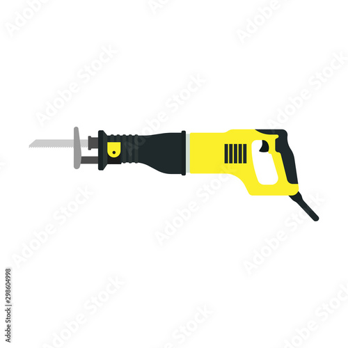 Reciprocating saw vector construction electric blade tool icon. Cut equipment carpentry work isolated power appliance diy. Industry yellow machine jigsaw instrument repair