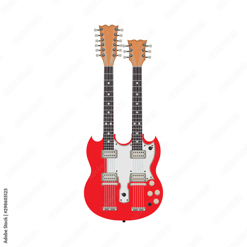 Vecteur Stock Double red electric guitar vector illustration rock  instrument. Two flat design equipment bass. Isolated jazz song icon.  Vintage body symbol metal concert entertainment | Adobe Stock