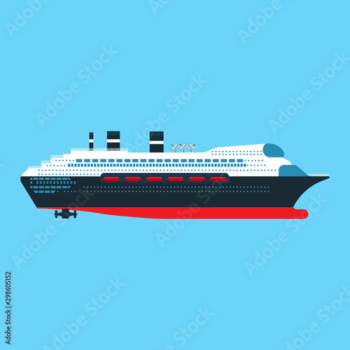 Cruise ship side view vector flat icon. Ocean boat travel journey transport. Sea luxury blue vessel vacation. Summer large liner cartoon