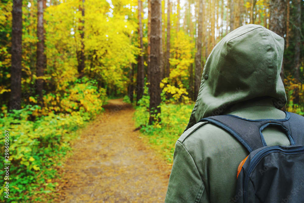 A man with backpack walks in the amazing autumn forest. Hiking alone along autumn forest paths. Travel concept. A man with backpack walks in the amazing autumn forest. Hiking alone along autumn forest paths. Travel concept.