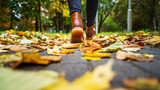 Back view on the feet of a woman in black pants and brown boots walking in a park along the sidewalk strewn with fallen leaves. The concept of turnover seasons. Weather background