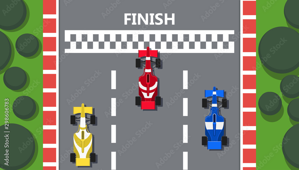 Race track car top view vector line road illustration background. Rally prix sport poster team. Red formula flyer competition finish. Grand winner vehicle speedway auto. Highway championship