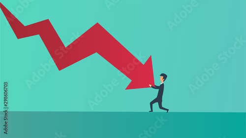Businessman bankrupt recession loss business vector concept illustration. Man pushed red arrow downward. Failure pressure market cut crisis. Economy debt fall rate. Risk investment currency price photo
