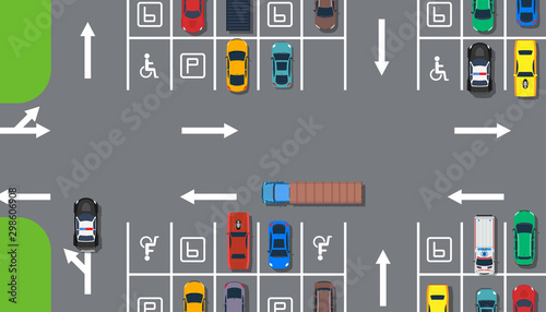 Parking zone car top view aerial construction illustration. Road street traffic transport concept. City place area public space. Garage regulation line. Many reserved slot banner.