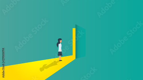 New career woman business vector achievement office. Open door start businesswoman illustration concept background. Success job worker opportunity growth. Future dream beginning solution company