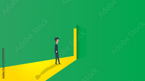 New career man business vector achievement office. Open door start businesswoman illustration concept background. Success job worker opportunity growth. Future dream beginning solution company