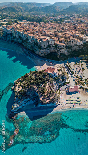 Aerial view of Tropea, house on the rock and Sanctuary of Santa Maria dell'Isola, Calabria. Italy. Tourist destinations of the most famous in Southern Italy, seaside resort located on a cliff  photo