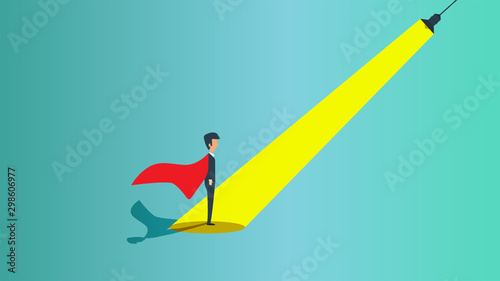 Man hiring spotlight recruiter career leader business vector. Future hero employment opportunity worker. Candidate talent concept job choose. Success corporate find unique vacancy. Light search team