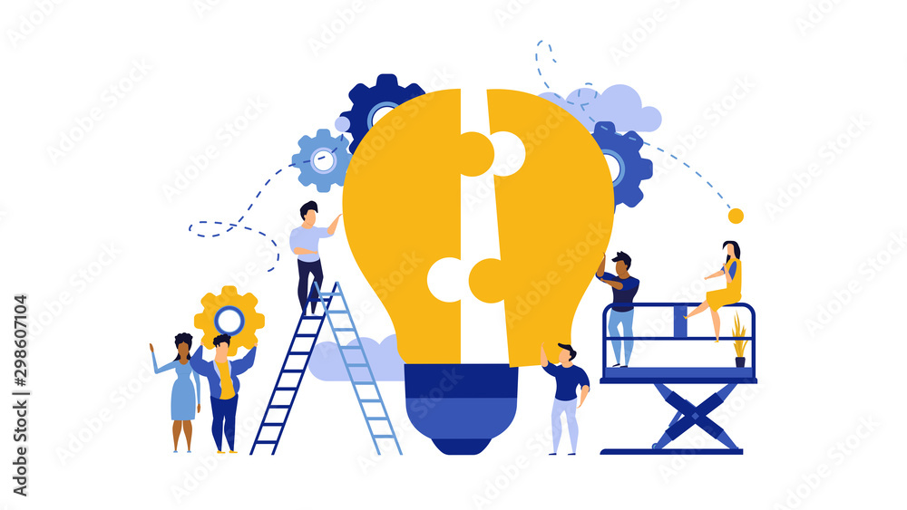 Business teamwork building lightbulb puzzle vector work illustration  concept. Person businessman cooperation together jigsaw piece. Man and  woman group unity fit part shape. Job support partner design Stock Vector |  Adobe Stock