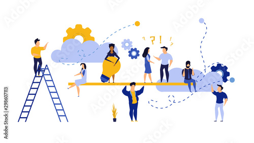 People teamwork idea vector illustration. Business work balance exercise harmony. Time investment concept background. Team mind man and woman group banner office. Career company success coworker