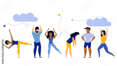 Achievement exercise flat health body mind vector concept illustration. Office multitasking posture person. Sport fitness cartoon background. Lifestyle harmony yoga meditate zen. Pose training workout