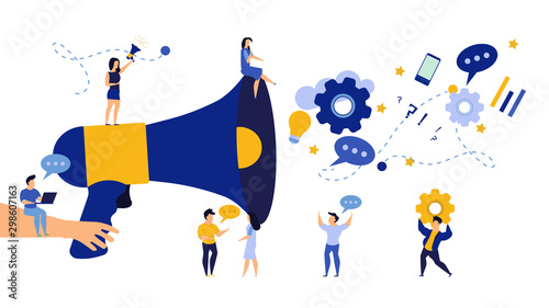 People announce advertising with megaphone vector illustration. Awareness focus loud speaker man and woman. Business banner marketing group media. Speech news promotion network leadership poster