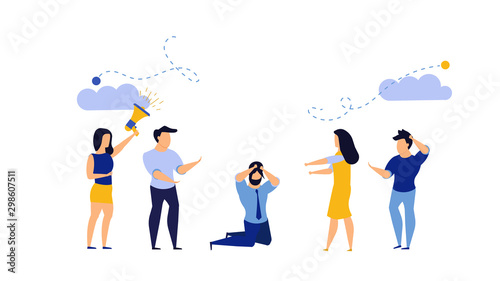 Man office depressed bully vector business illustration. Cartoon tired employee work job stress. Concept sad male overworked. Deadline overload coworker dialog. Trouble career failure human