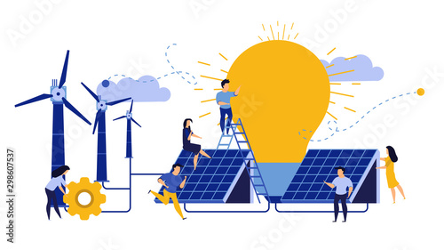 Ecology city environment energy Earth day design. Woman and man building solar panel landscape vector illustration. Concept eco nature save. Recycle wind turbine technology planet windmill clean