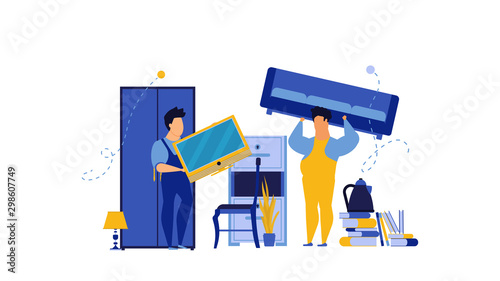 Service packing people furniture vector illustration worker man. Delivery truck box transportation shipping business home. Fast courier package express company. Logistic moving office storage location