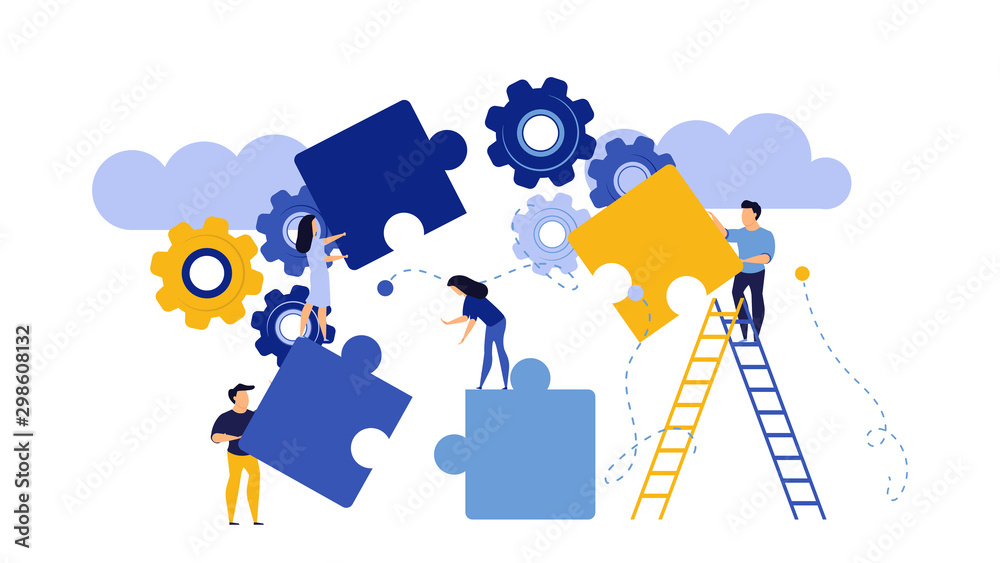 Puzzle together vector concept business jigsaw piece illustration teamwork solution idea. Connect background group success design. Solve problem work cooperation element part strategy