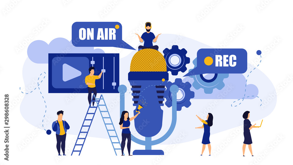 baloncesto mayoria En consecuencia Radio music TV on air live rec interview people vector illustration. Hot  news with mic broadcast sound communication studio. Male listen media  headphone. Concept record online microphone business vector de Stock 
