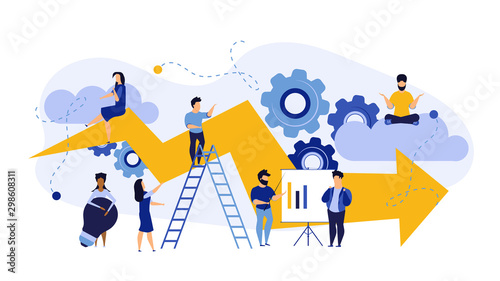Success advance business plan boost vector concept illustration. Cartoon people bank bond teamwork with arrow. Achievement person career ambition leadership job. Marketing performance promotion ahead