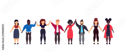 People friend unity hand vector character friendship person woman and man. Group together happy cartoon different girl and boy on row line with casual clothes. Social team crowd human community join