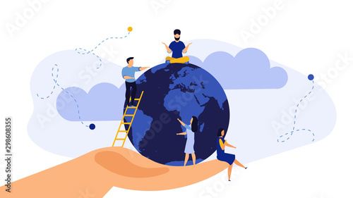 Hand save world Earth globe vector illustration environment concept. Garbage planet ecology background. Eco nature global environmental conservation recycle protection. Banner ecosystem life friendly