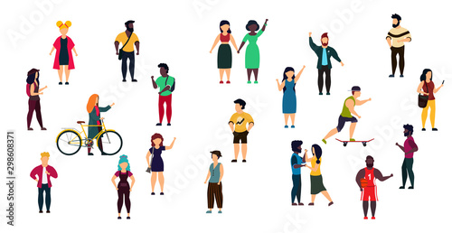 Vector city people person illustration isolated white crowd woman and man cartoon. Girl and boy group set collection trendy outdoor bundle character. Concept lifestyle community different human