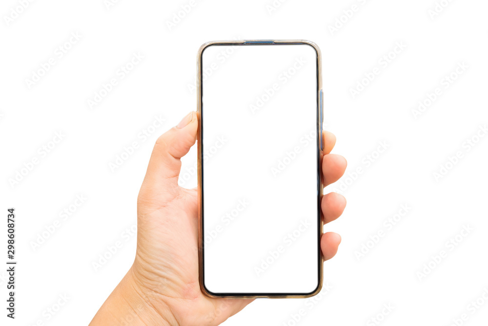 Mock up image of a business woman using and showing a smart phone with blank white desktop screen on white background. Mock up image of a business woman using and showing a smart phone with blank white desktop screen on white background.