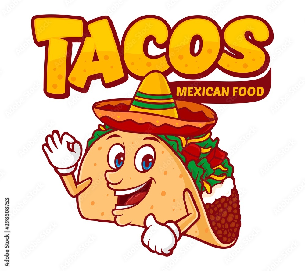 Delicious tacos logo template, with funny character cartoon vector, mexican  food product vector de Stock | Adobe Stock